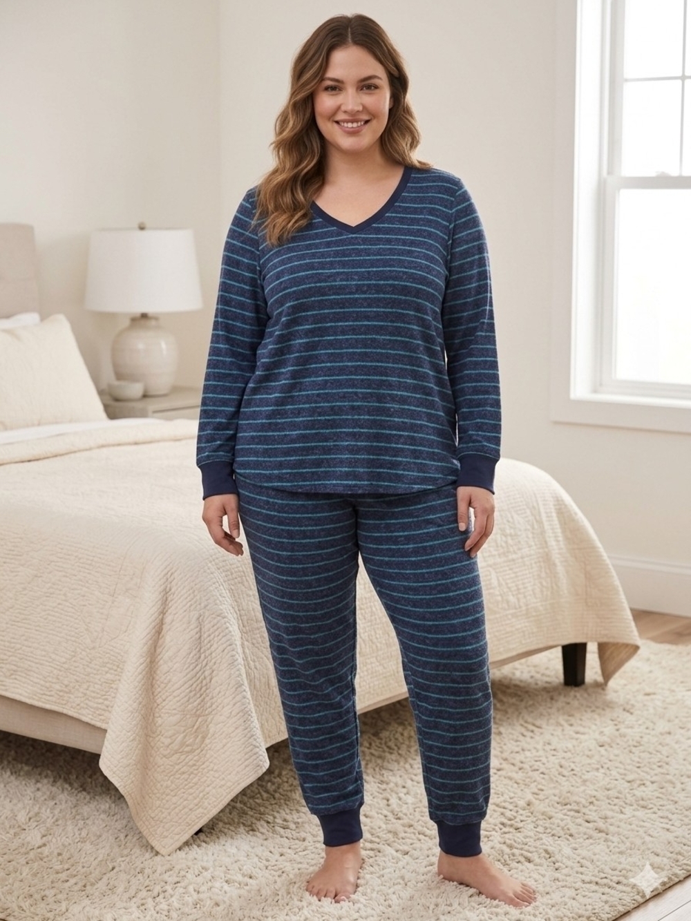 Jaclyn Intimates Navy with Light Blue Stripe V-Neck Pajama Set Size Large